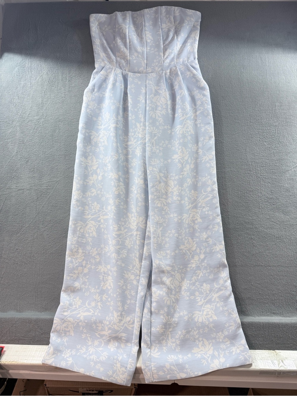 a new day - Strapless Light Blue & White Floral Jumpsuit